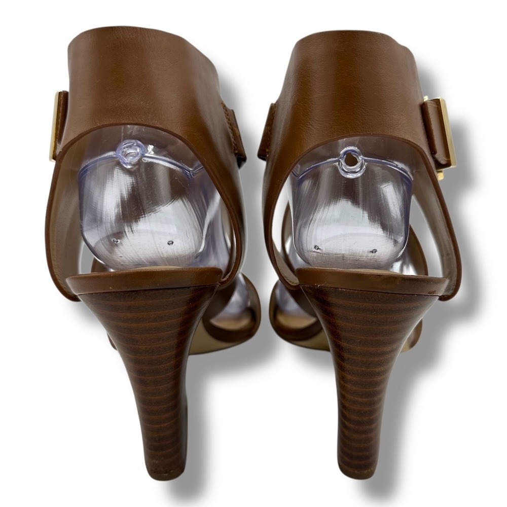 Michael Kors Womens Luggage Tan Leather Adriana Wedge Sandals Gold Buckle Sz 9.5 - Picture 9 of 16